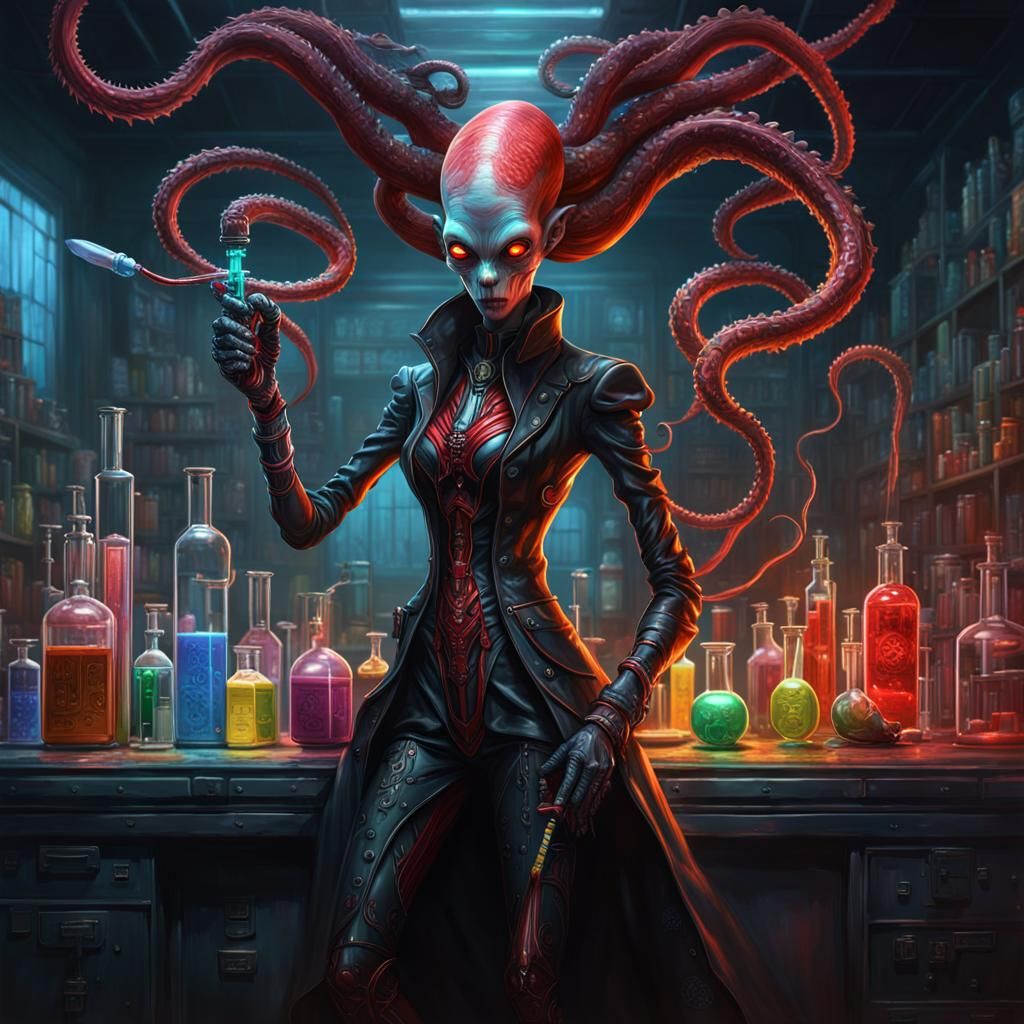 Sci-Fi Alien in Chemistry Lab, Dark Fantasy Art