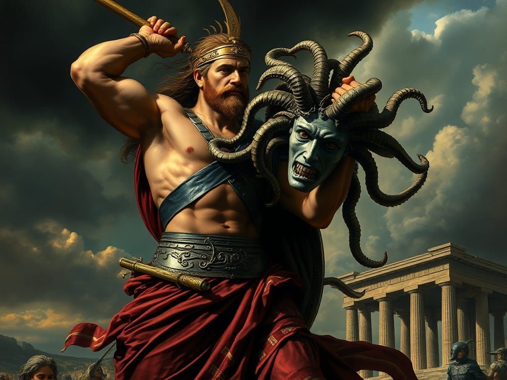 Perseus with Medusa Head in Dramatic Lighting