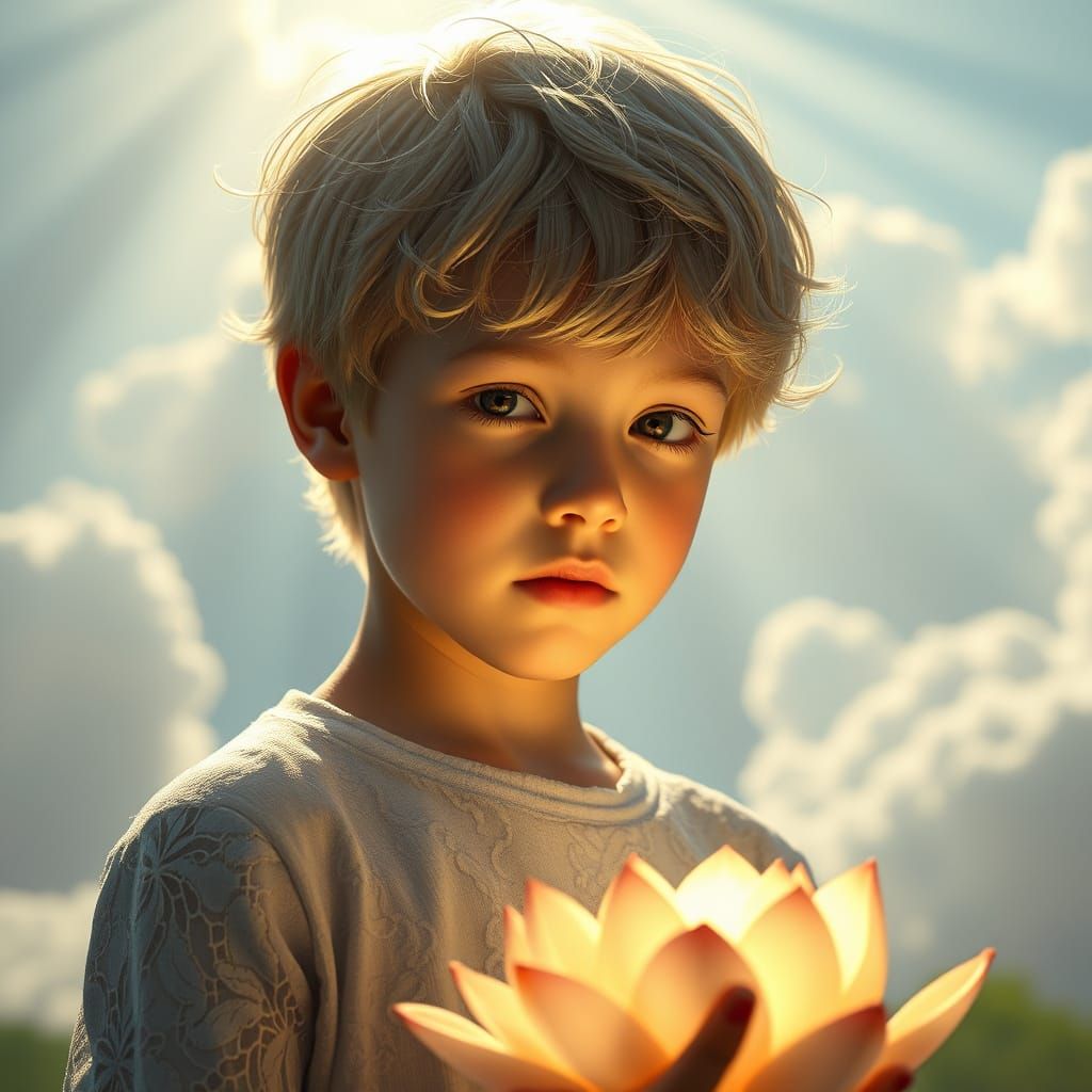 Boy with Lotus Flower in Dreamlike Cloudscape