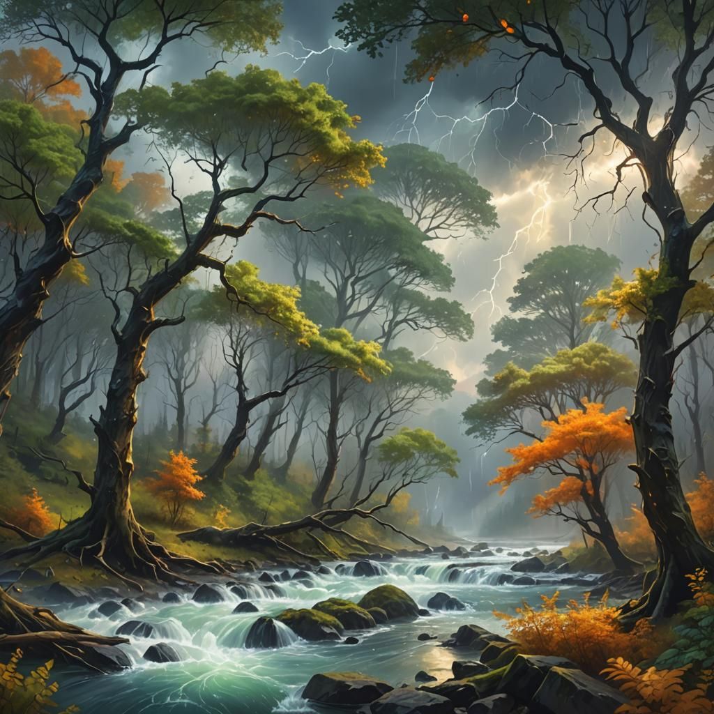 Stormy Forest River: A Fantastical Oil Painting