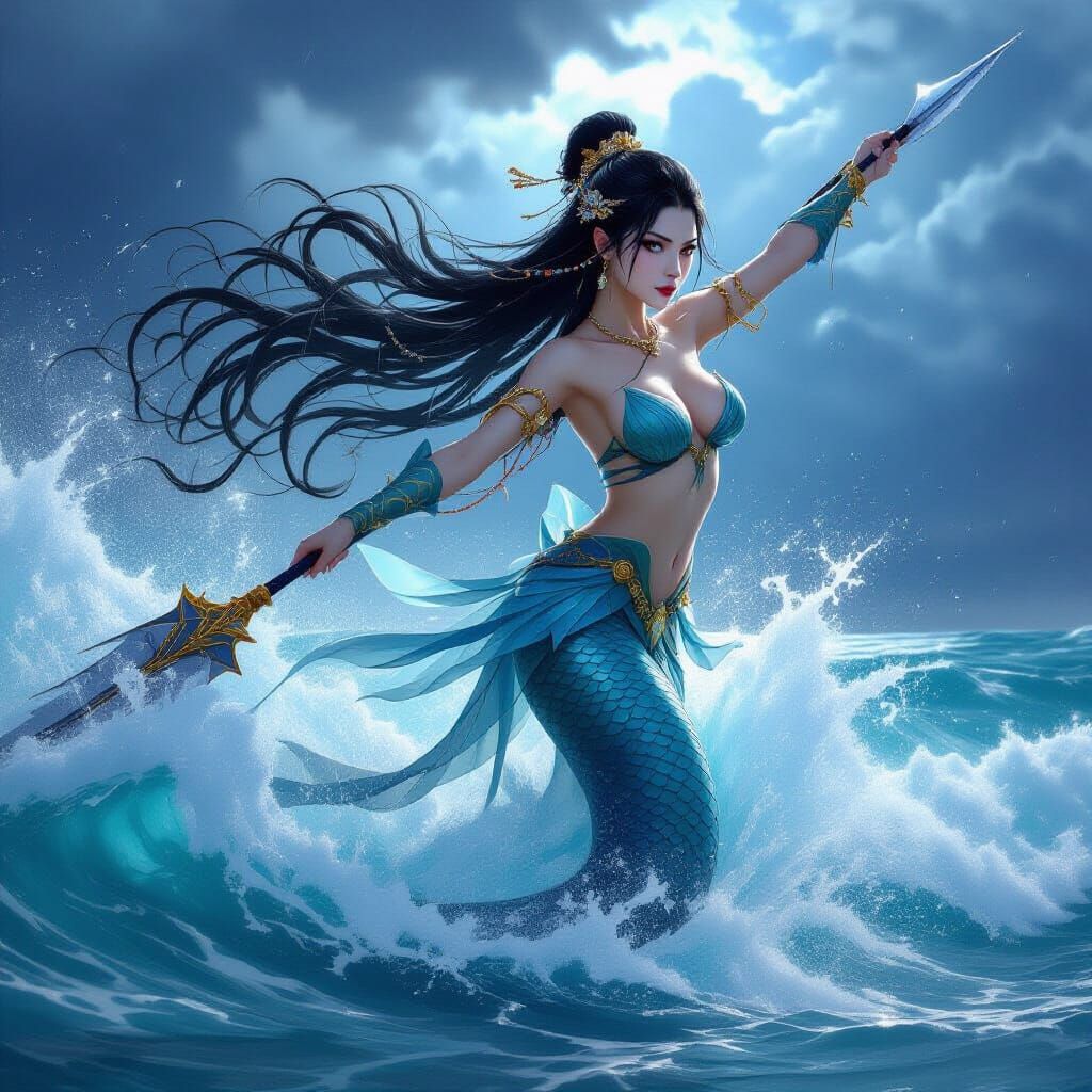 Japanese Mermaid Warrior Emerges from Stormy Ocean
