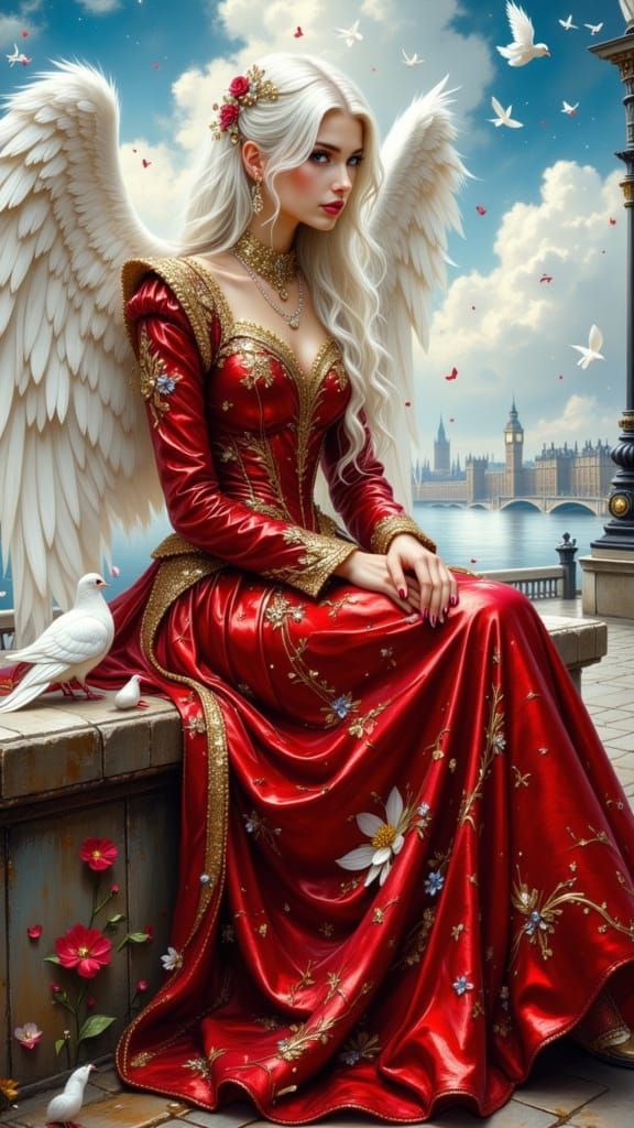 Princess with Angel Wings in London, Oil Painting
