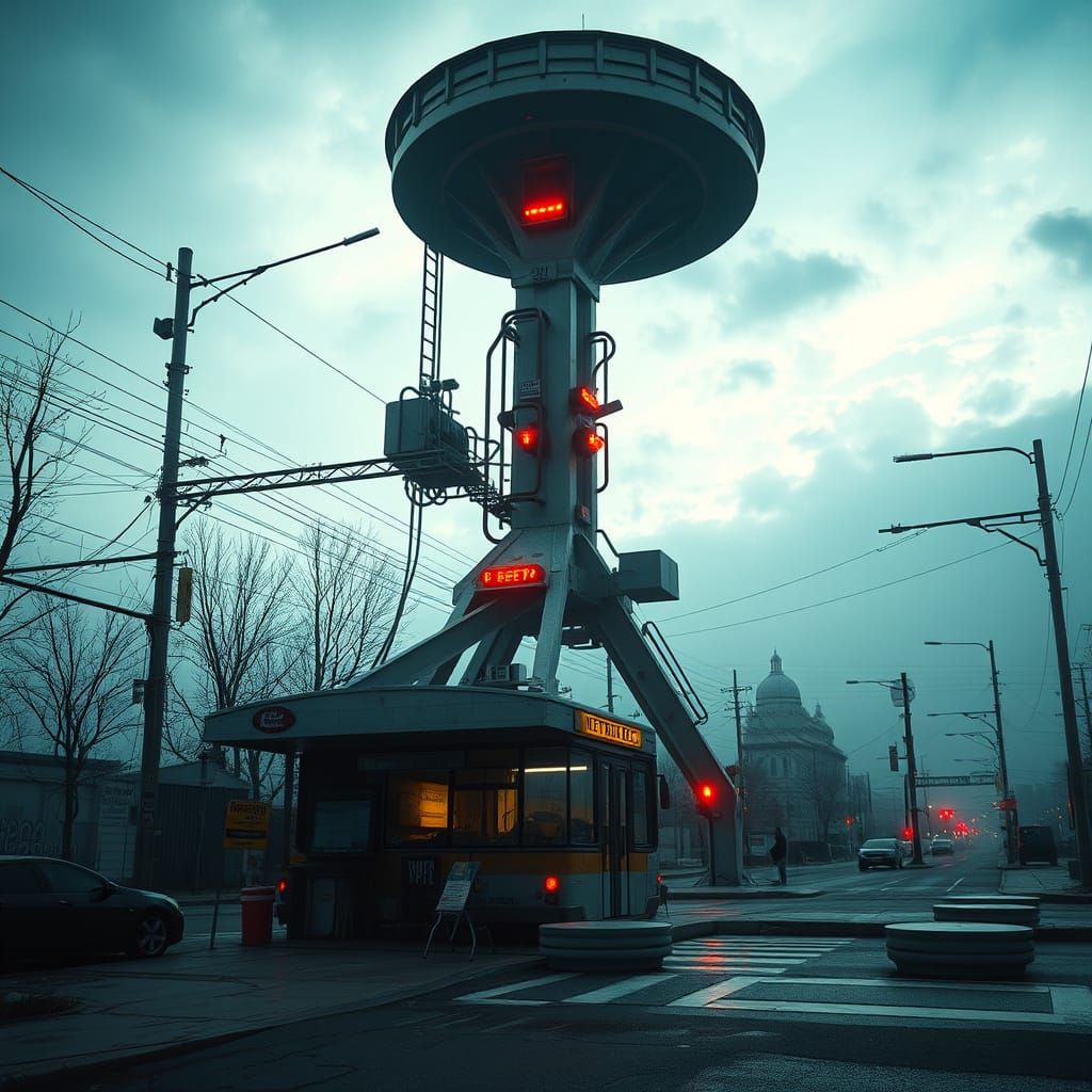 Postapocalyptic Megastructure Bus Stop in Abandoned Urban La...