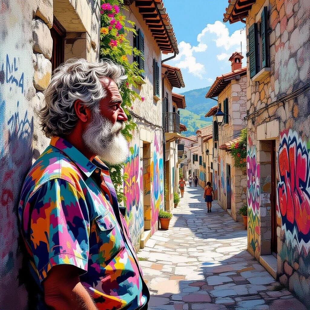 Man Observes Colorful Festival in Street Art Style