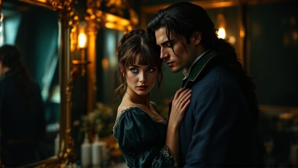 Tudor Lady and Napoleonic Man in Dark Castle Room