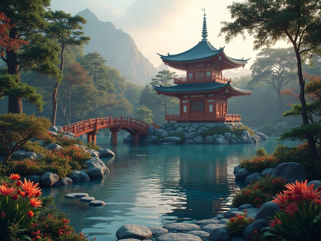 Serenely Majestic Japanese Garden in Fantasy Style