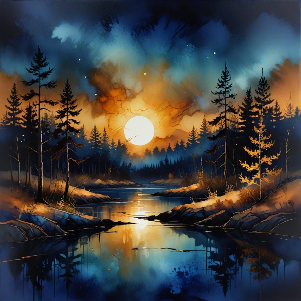 Ethereal Twilight Lake Painting in Abstract Expressionism St...