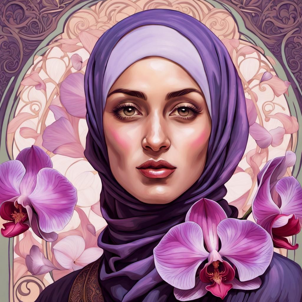 Beautiful Woman with Phalaenopsis Flowers in Art Nouveau Sty...