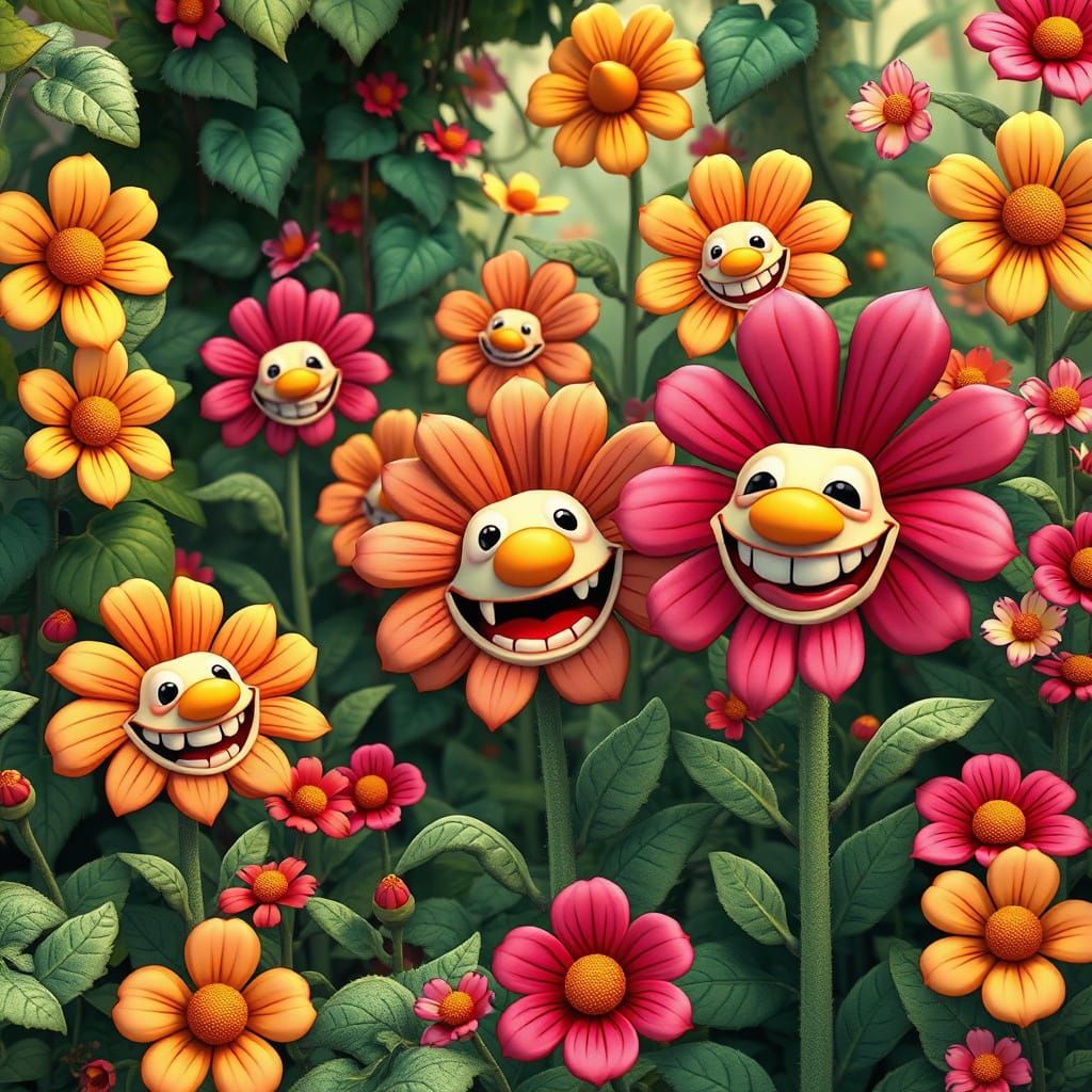 Whimsical Garden with Giggling Flowers in Studio Ghibli Styl...