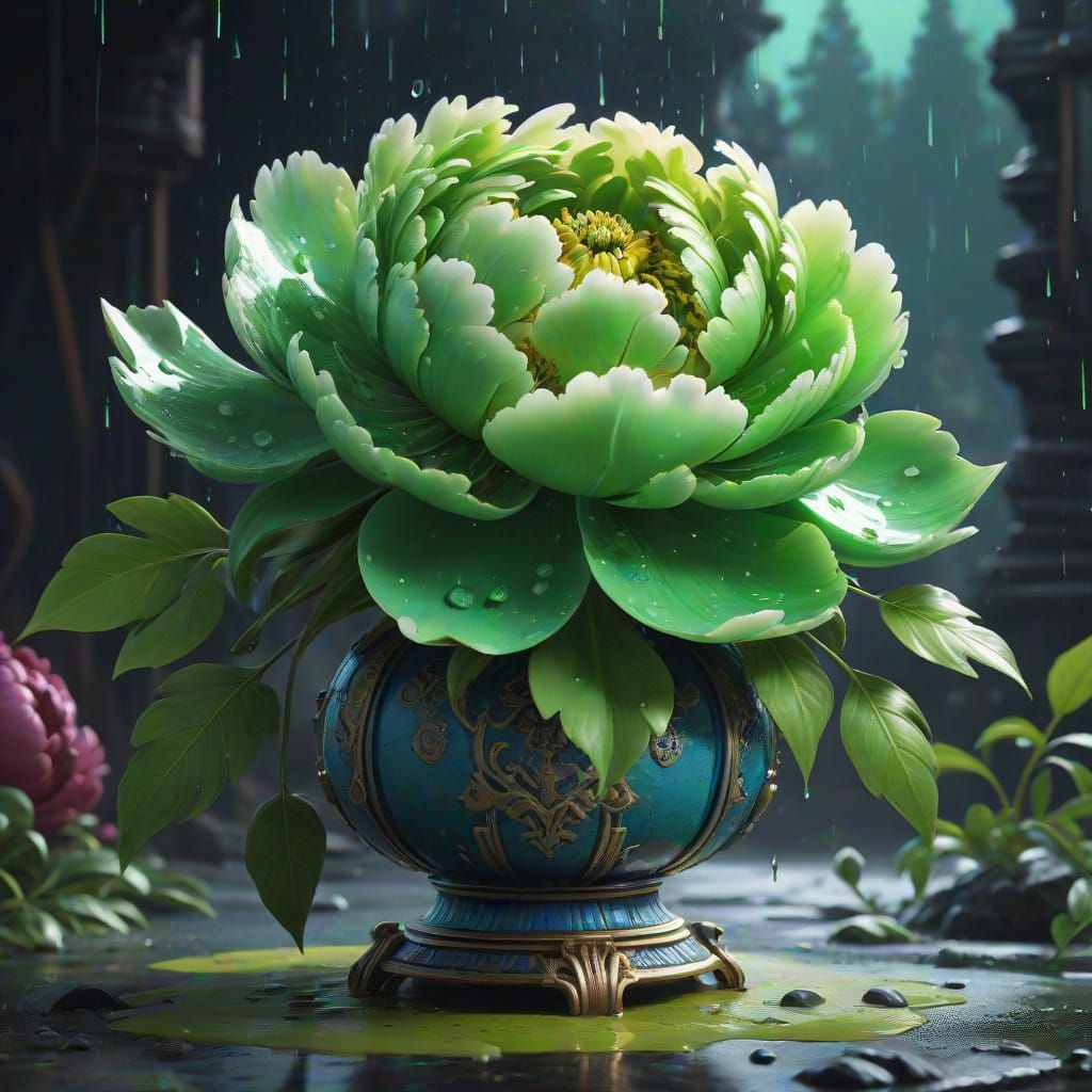 Surreal Green Peonies Bloom Around Exquisite Enamel Figurine