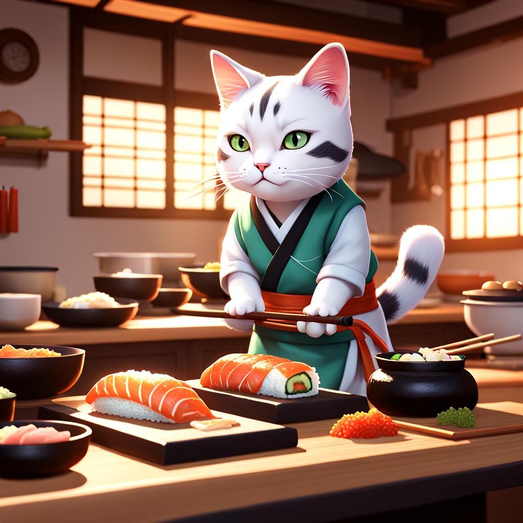 Anime Cat Sushi Chef in Japanese Kitchen