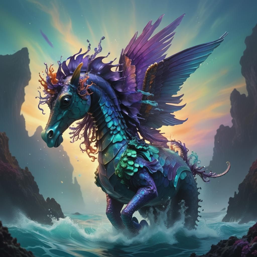 Winged Seahorse Soaring Through Oceanic Colors