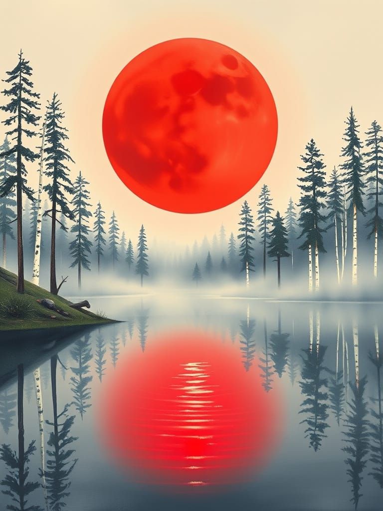Misty Forest Lake with Red Moon Reflection Painting