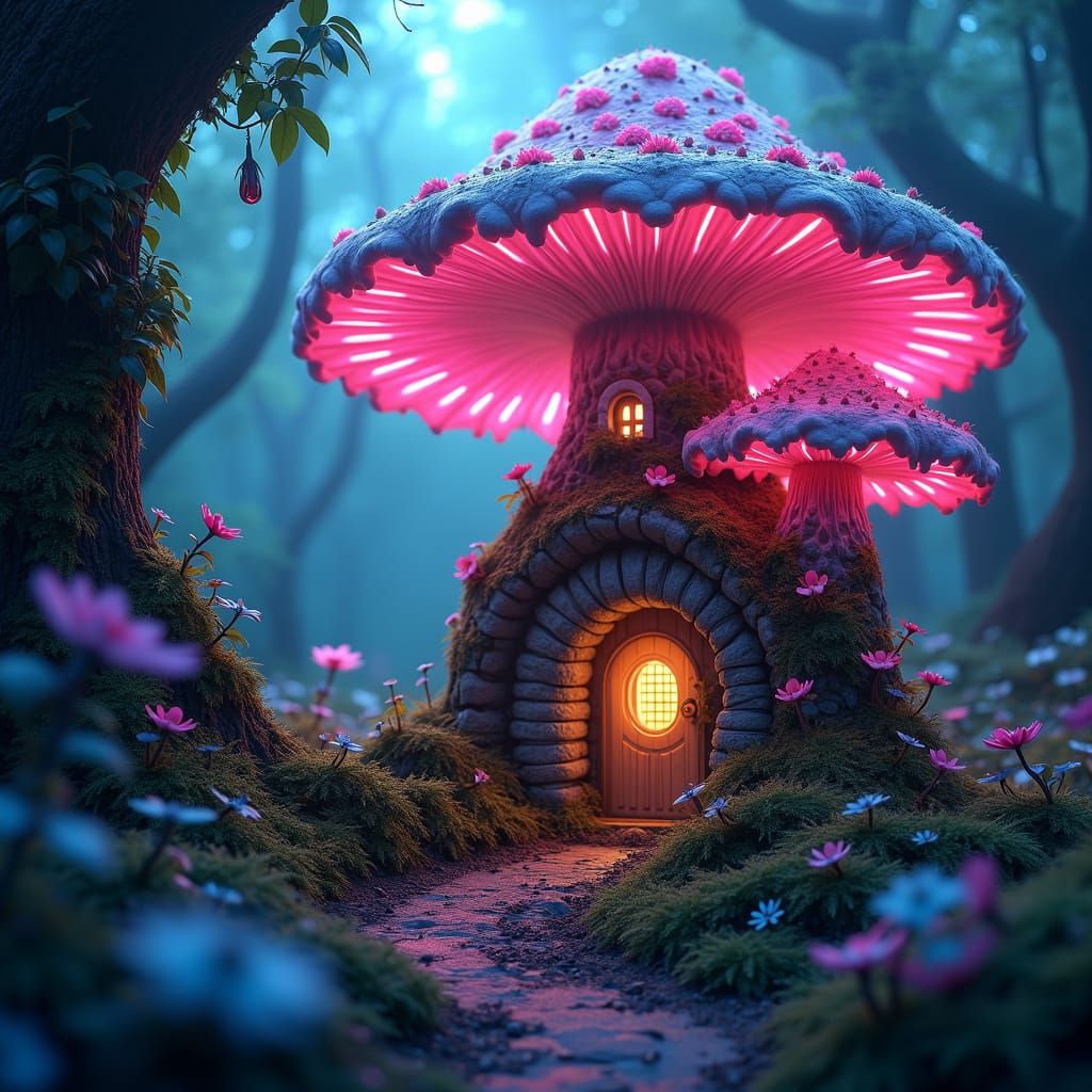 Enchanted Bioluminescent Forest: Mushroom House Concept Art