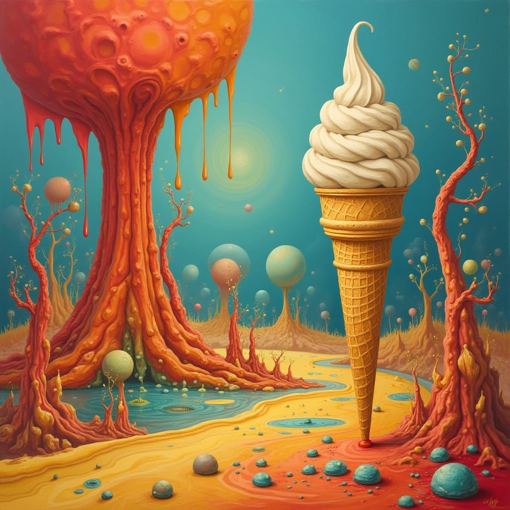 Surreal Landscape with Melting Ice Cream Cone