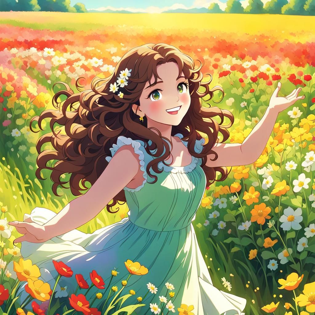 Plus-Sized Woman Dancing in Anime Flower Field