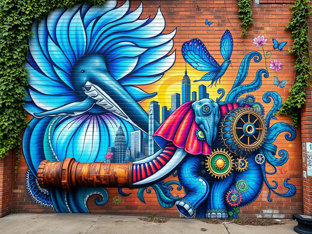 Surreal Street Art Mural with Mechanical Elephant