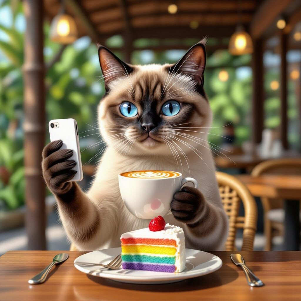 Trendy Siamese Cat Fashionista Selfie in 3D