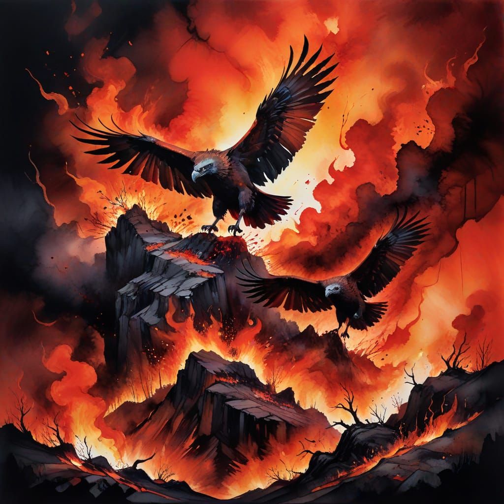 Inferno: Expressionist Vultures in a Blazing Landscape