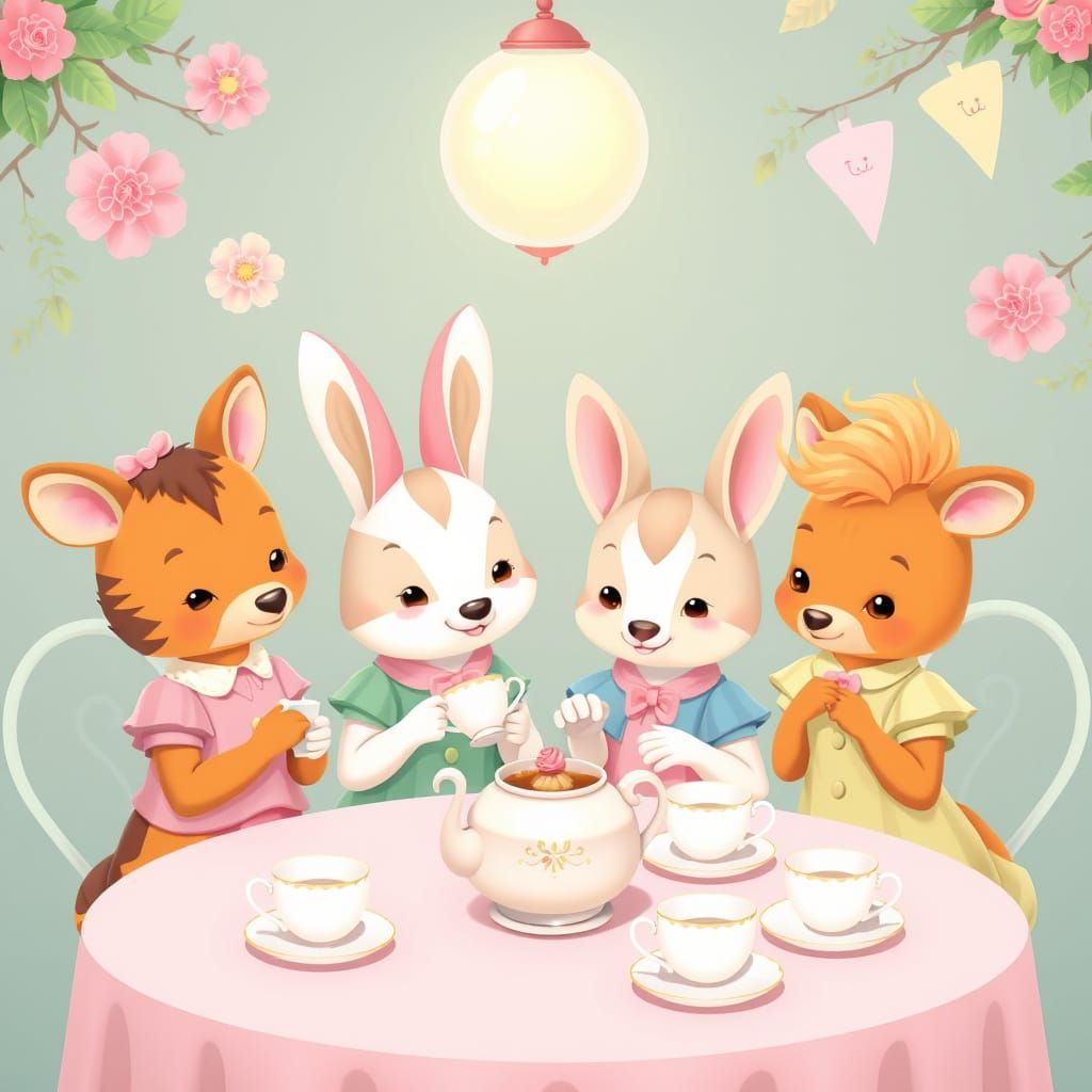 Pastel Cartoon Animals at Whimsical Tea Party