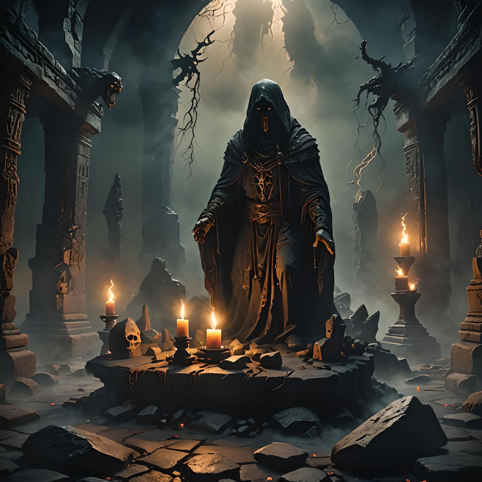 Cursed Artifact on Altar in Dark Fantasy Style