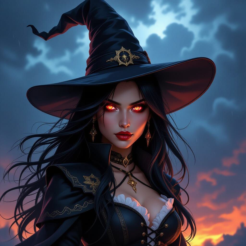 Powerful Witch Woman in Stormy Sky, Hyper-Realistic Poster