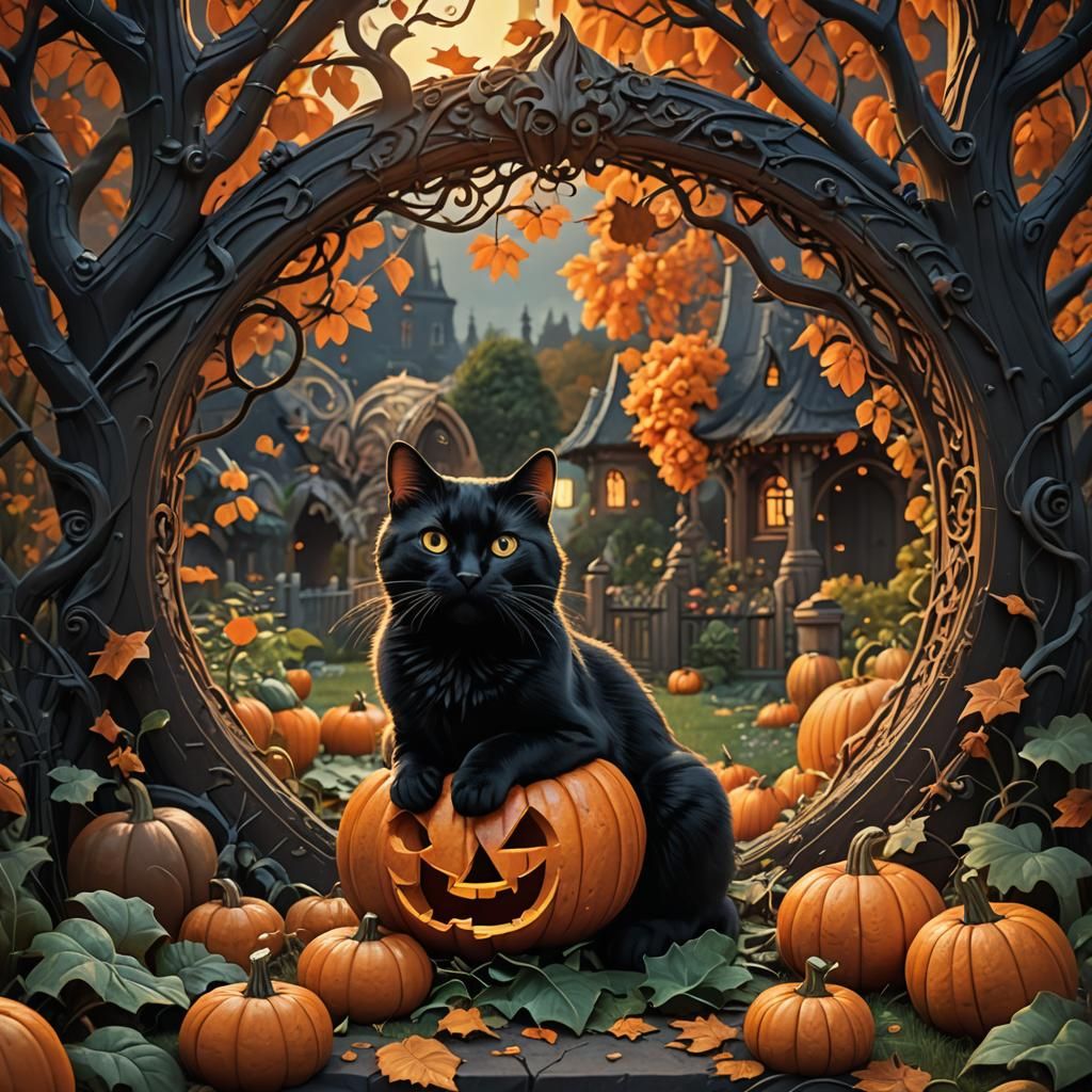 Black Cat Peeks into Intricate Pumpkin, Fantasy Art