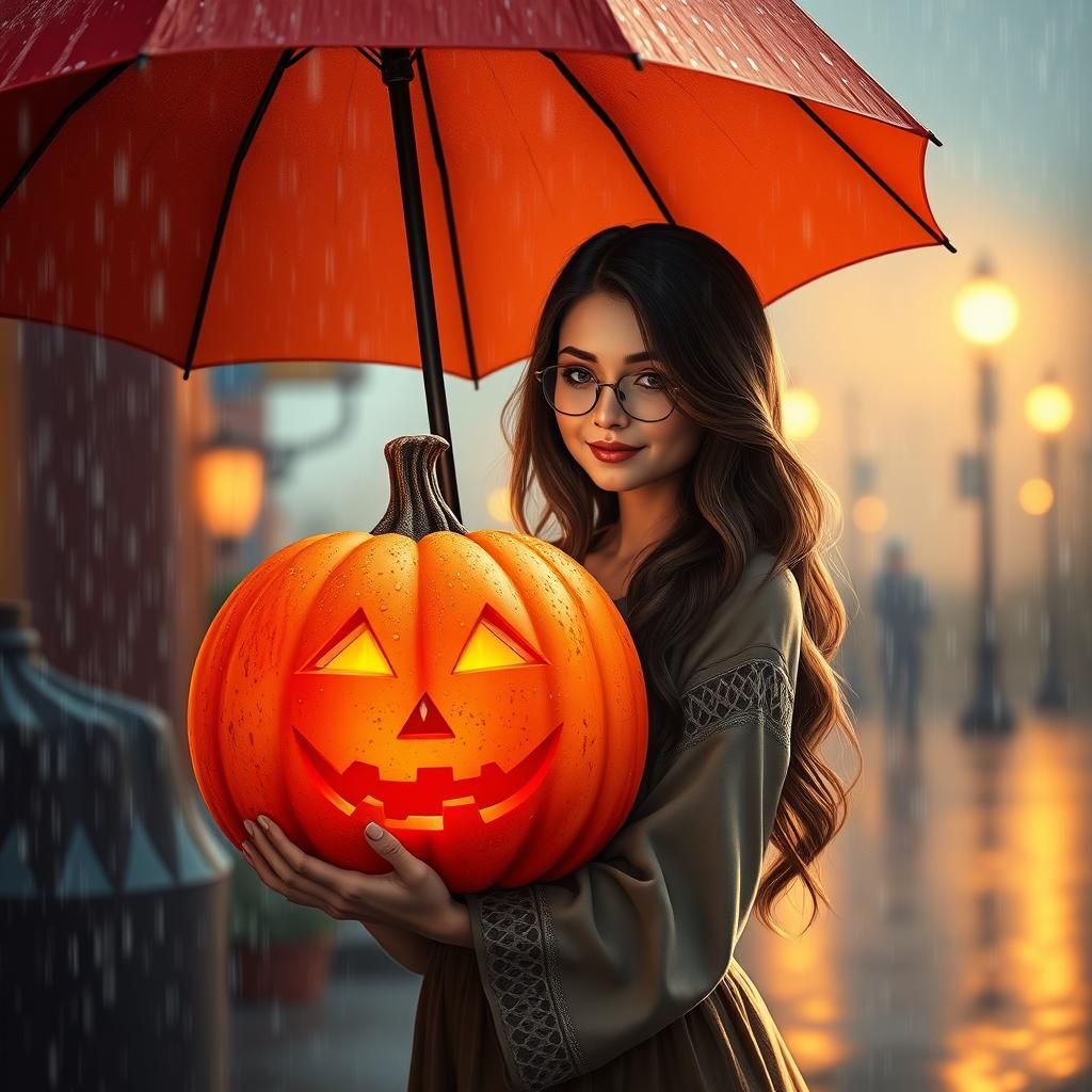 Woman Embraces Glowing Pumpkin in Rainy Digital Art