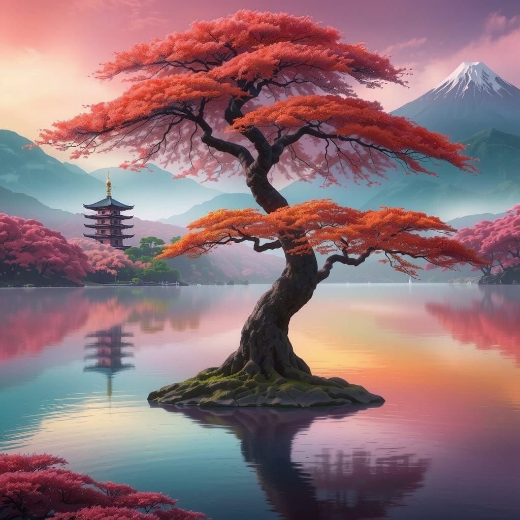 Surreal Sakura Tree Surrounded by Vibrant Colored Mist