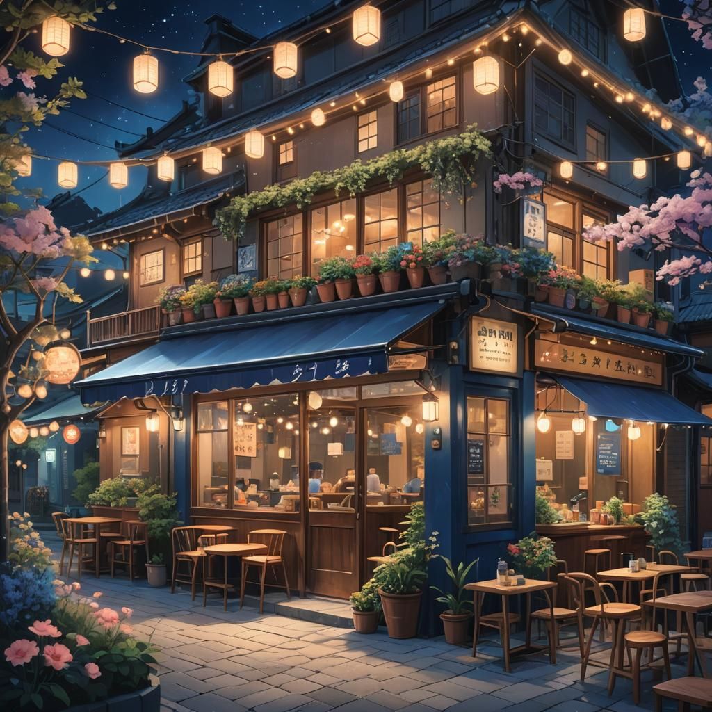Cozy Cafe at Midnight in Ghibli Style