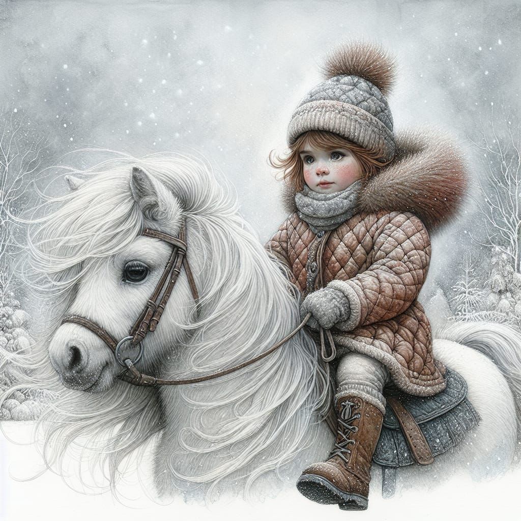 Young Girl Riding an Ethereal White Pony in Winter Wonderlan...