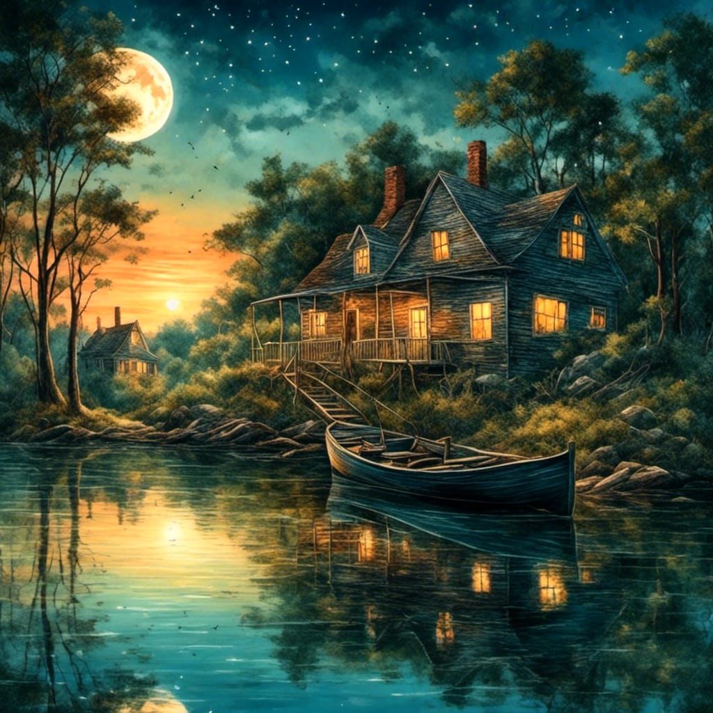 Old House by Lake at Sunset in Surrealist Style