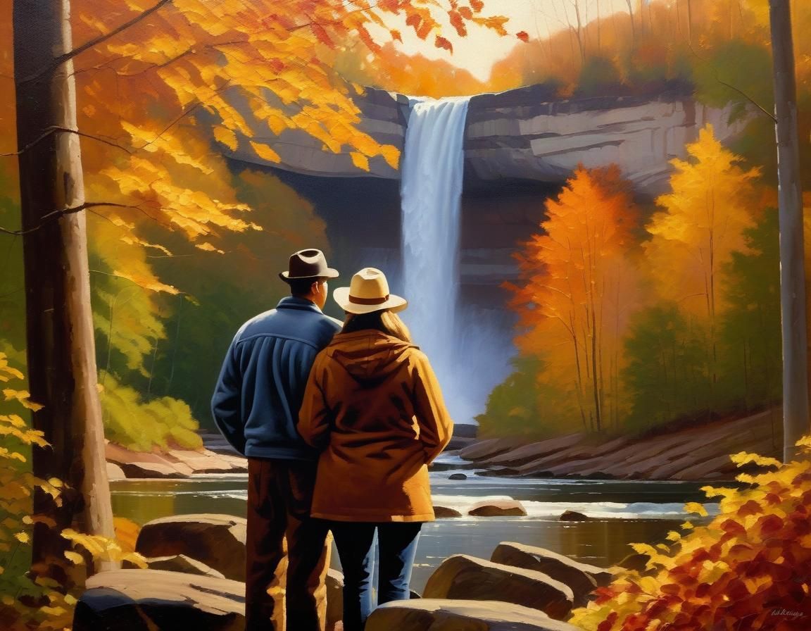 Ohio Waterfall Landscape Painting in Autumn Light