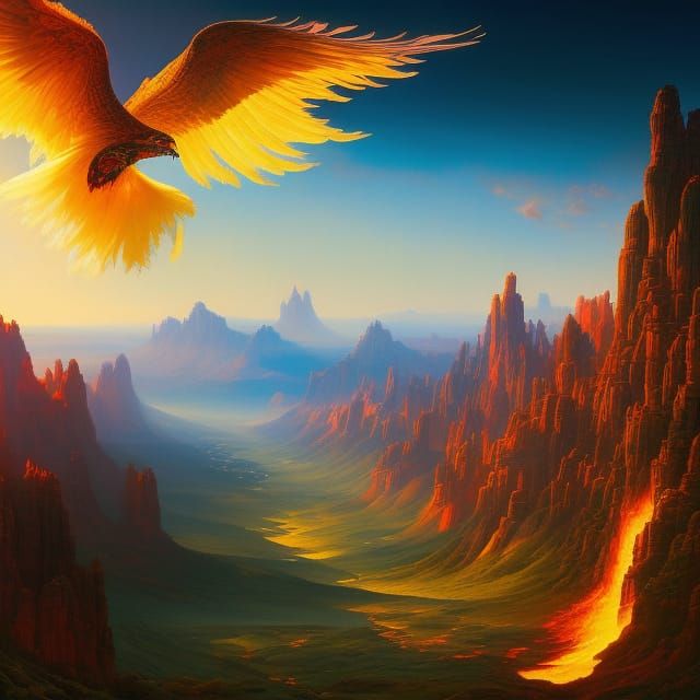 Golden Phoenix Rises in Fiery Desert