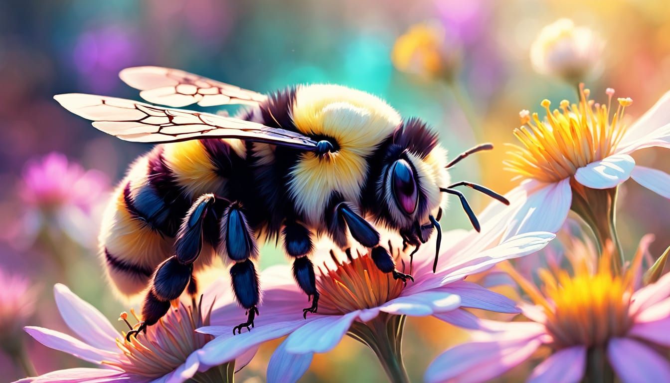 Bumblebee Sleeping on Flower in Dreamy Digital Art