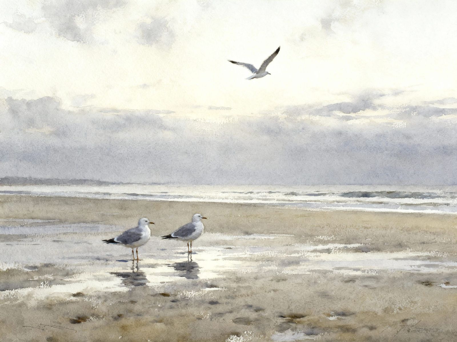 Tranquil Beach Scene: Seagulls in Muted Tones, Mixed Media P...
