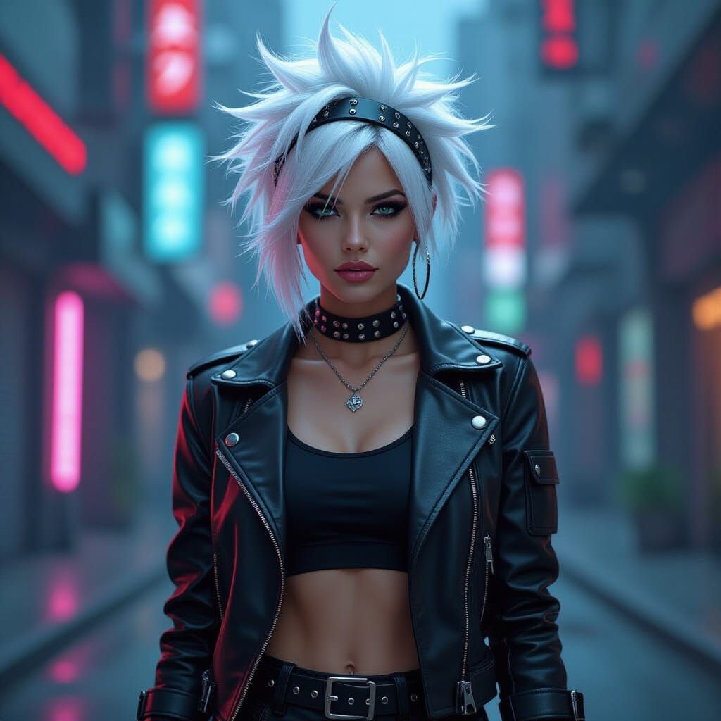 Futuristic Woman with Edgy White Hair in Neon Cityscape