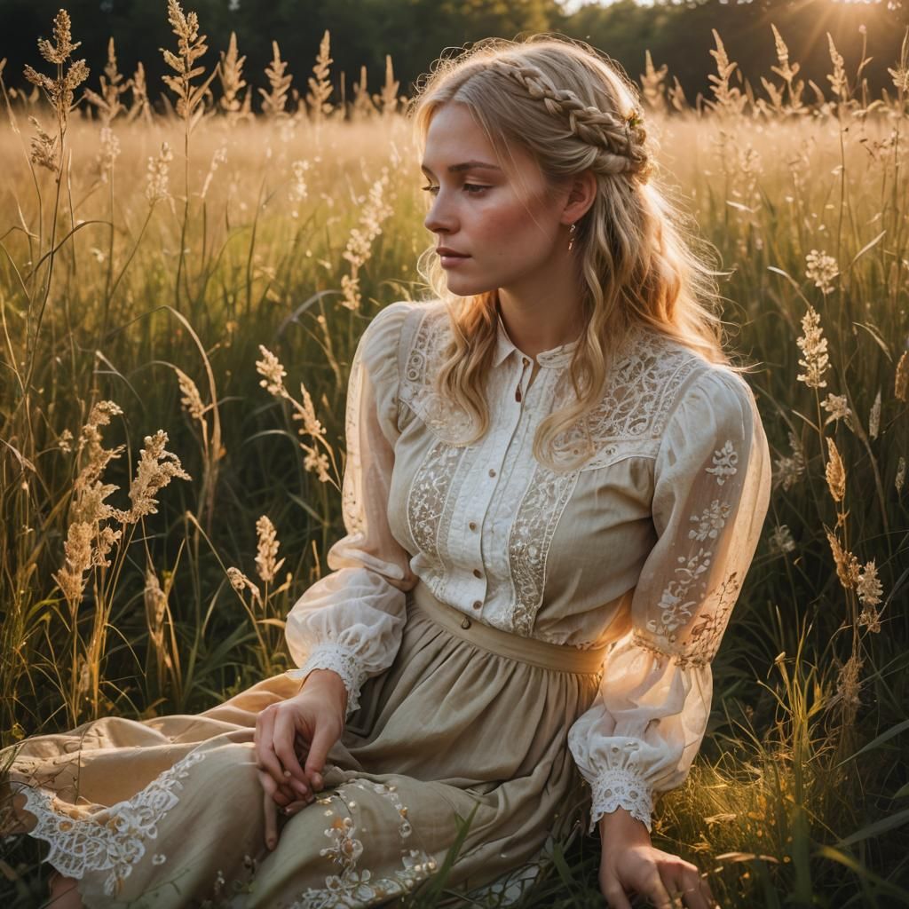 Romantic Realism: Blonde Woman in Meadow