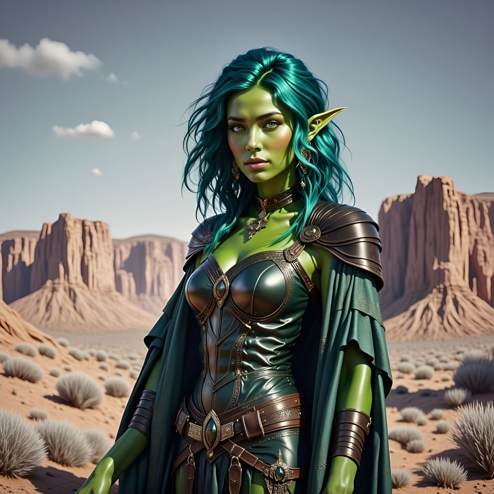 Vibrant Goblin Woman Stands Tall in Dystopian Landscape