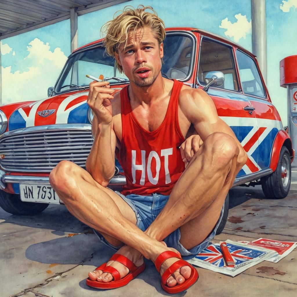 Full body shot of Brad Pitt, age 25, long flowing light blon...