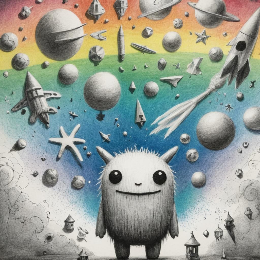 Surreal Child's Drawing with Rainbow Fairy