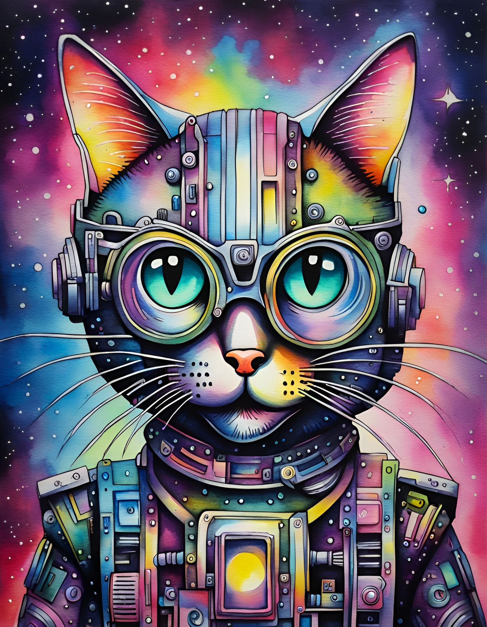 Holographic Android Cat in Watercolor and Ink