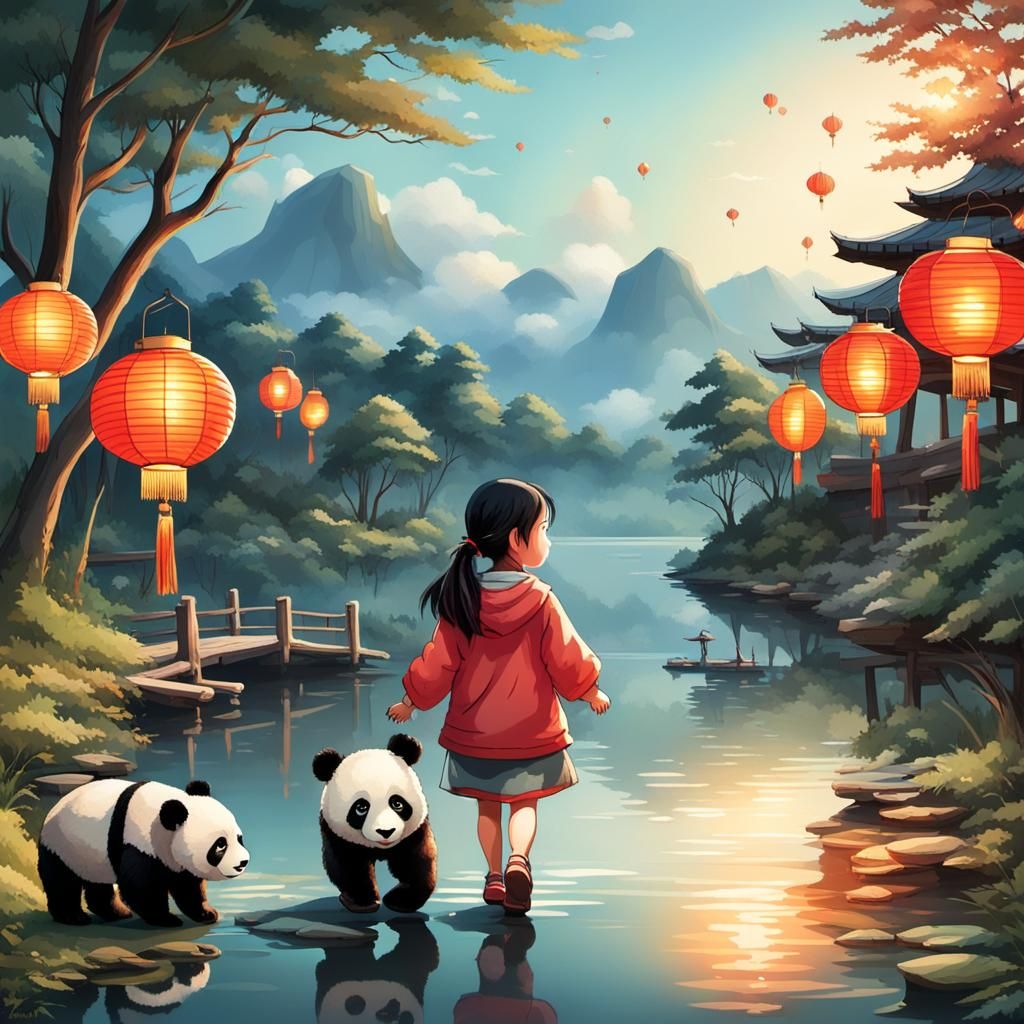 Girl, Panda, and Lanterns at Forest Edge
