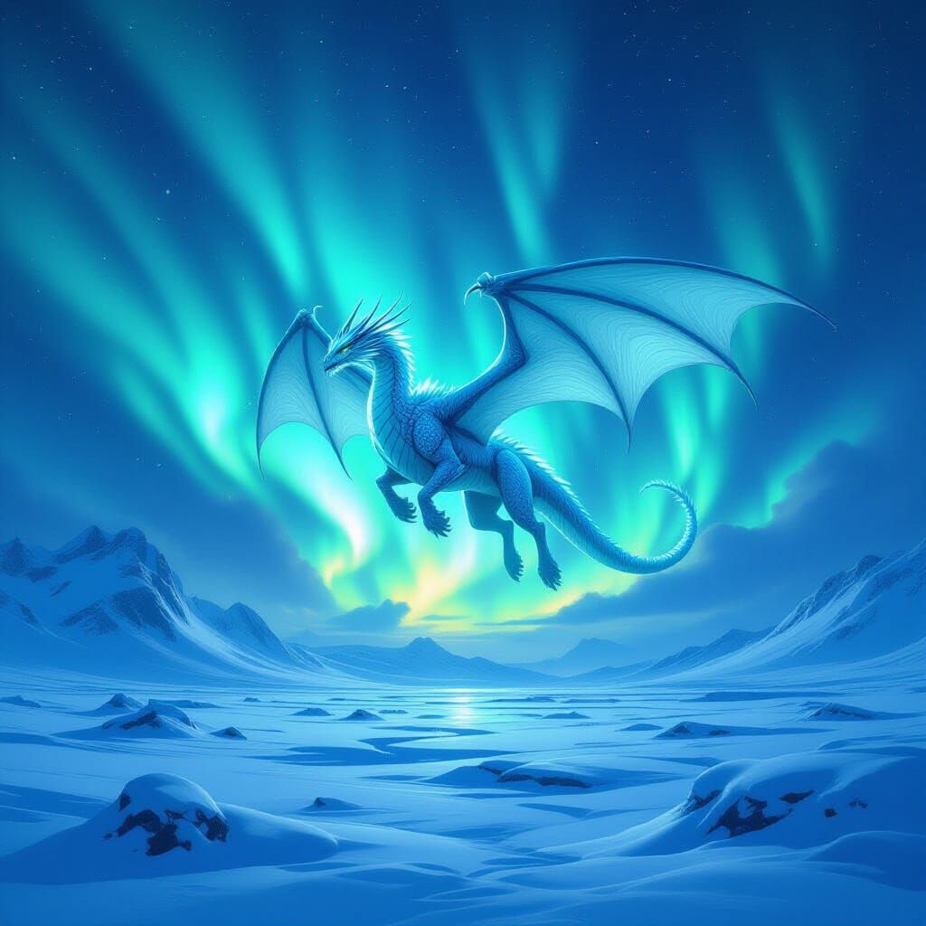 Ice Dragon Soars Under Aurora Borealis in Dark Fantasy Style
