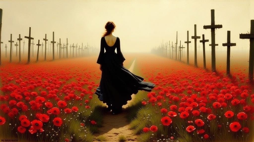 Woman Walks Through Flanders Fields in Watercolor Style