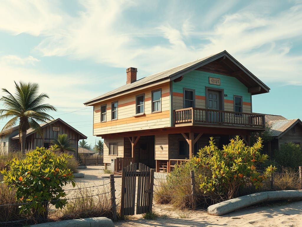 Vibrant Beachside Fortress in Psychedelic Art Style