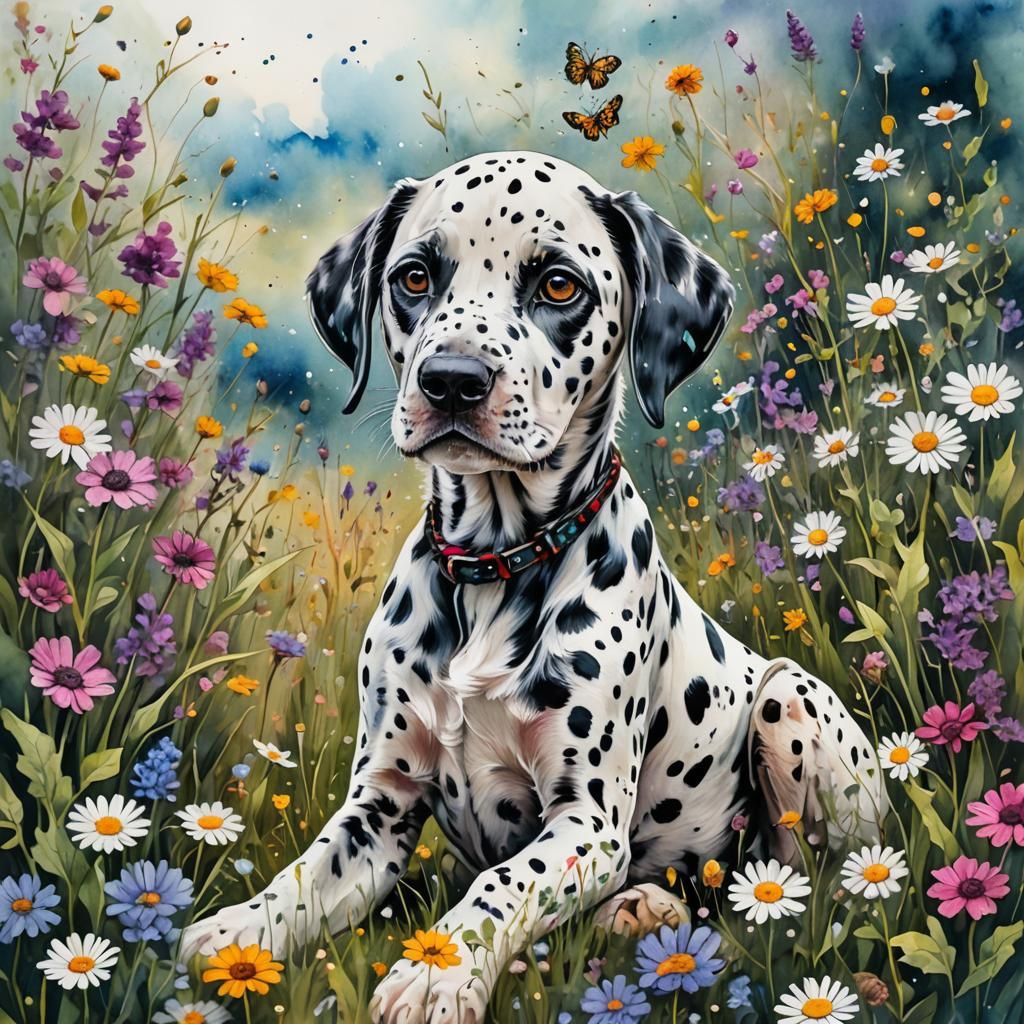 Dalmatian Puppy in Wildflower Field, Watercolor Style
