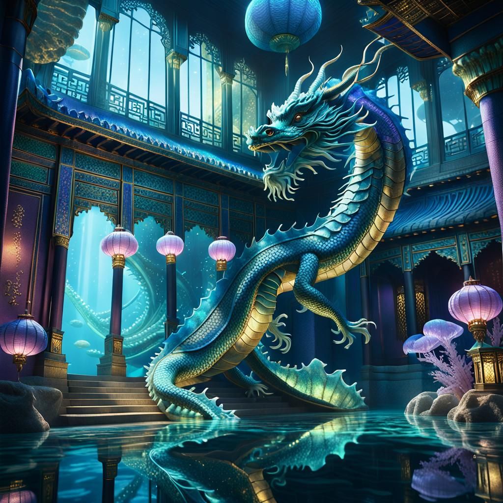 Majestic Eastern Dragon Emerges from Underwater Palace