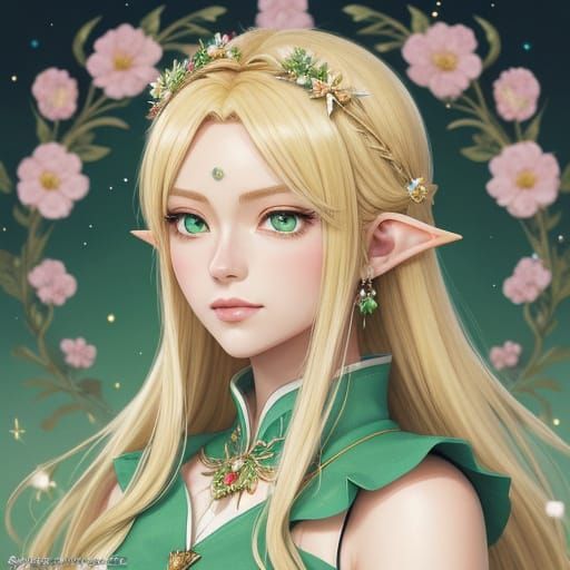 Anime Elf Princess in Goddess Dress with Flower Pin