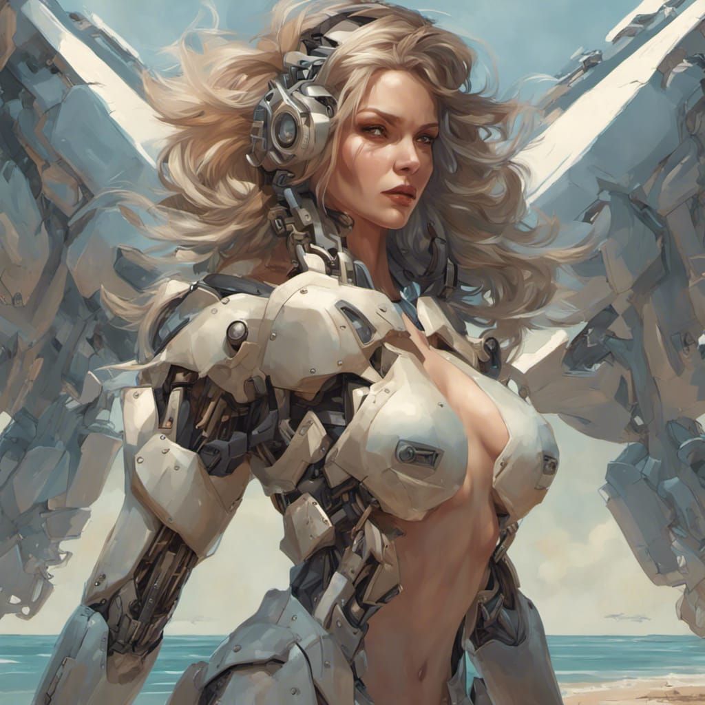 Boss Woman on Beach with Robot, Detailed Portrait